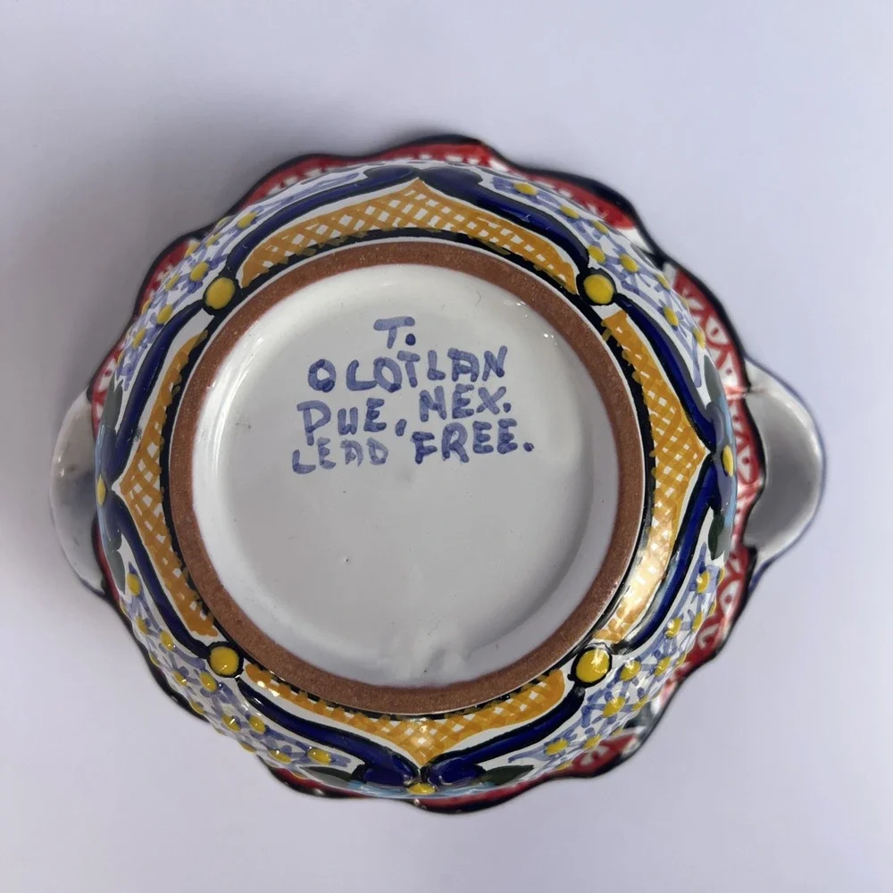 Mexican Talavera Hand Painted Bowl w/ Handles Lead Free Puebla 7